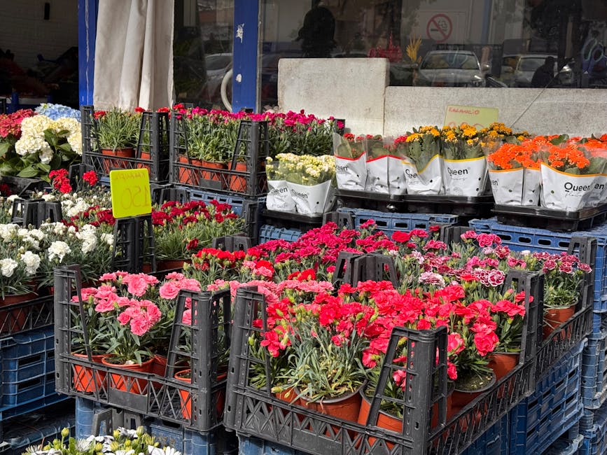 A display of vibrant potted flowers arranged in black plastic crates outside a flower shop. The bouquet includes pink and red carnations, white and yellow chrysanthemums, and bright orange marigolds,